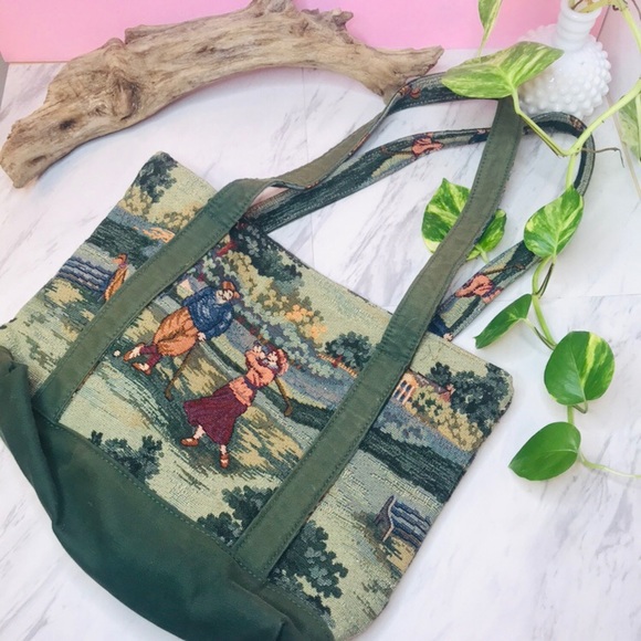 Vintage Handbags - Vintage Retro 90’s Golf Tapestry Open Tote Bag